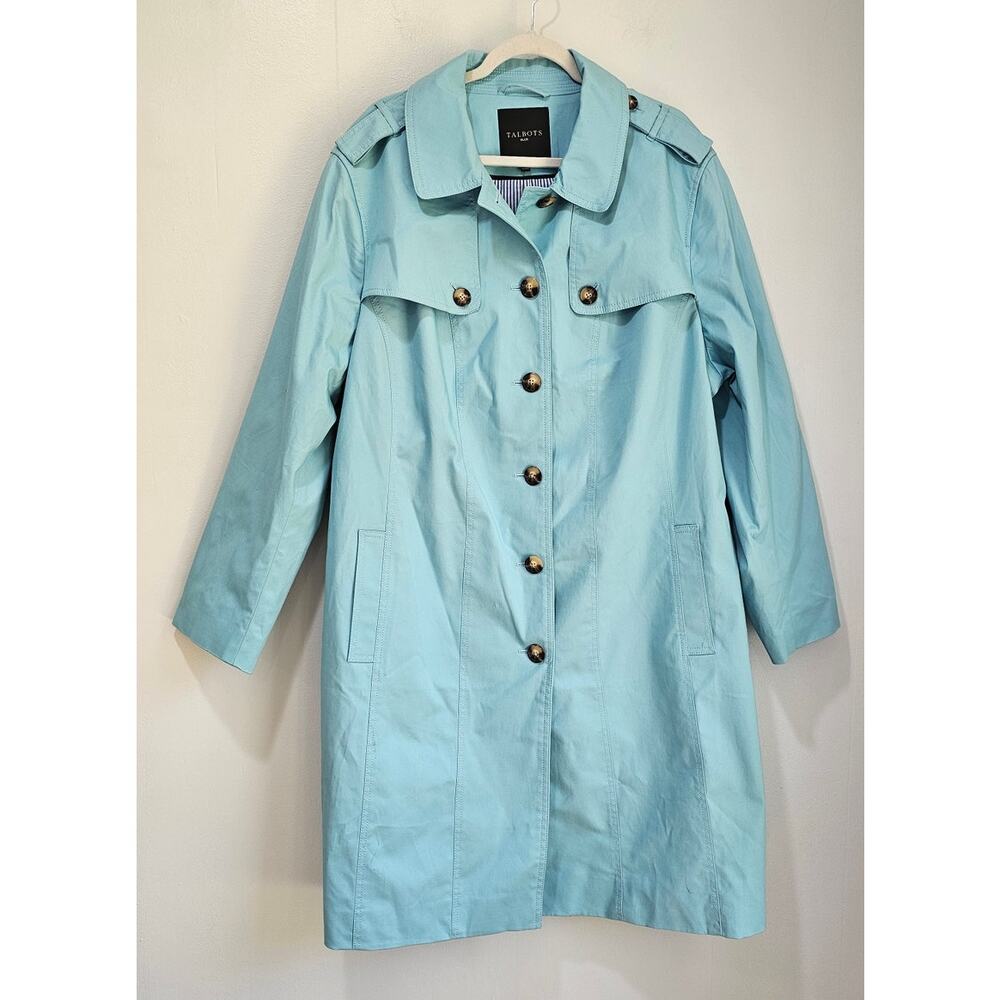 Talbots Classic Trench Coat Jacket, Turquoise, Tortoise Buttons, Plus Sz 3X - Picture 3 of 12